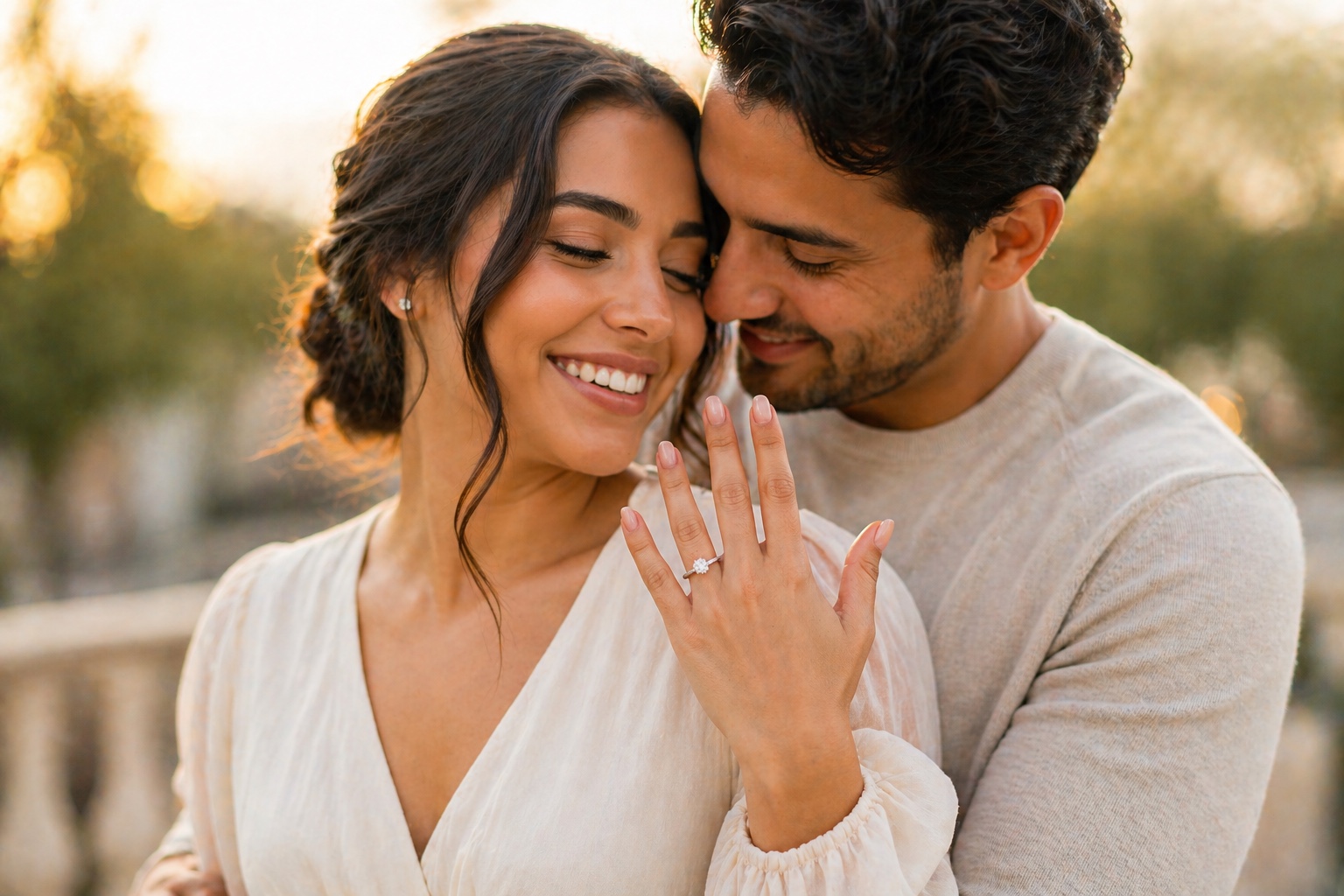 Couple celebrating an engagement or wedding moment